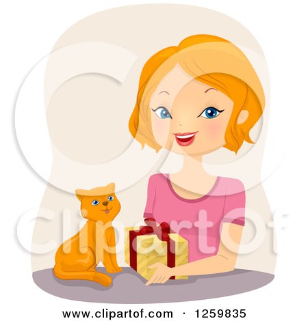 Clipart of a Happy White Woman Giving a Present to a Ginger Cat - Royalty Free Vector Illustration by BNP Design Studio