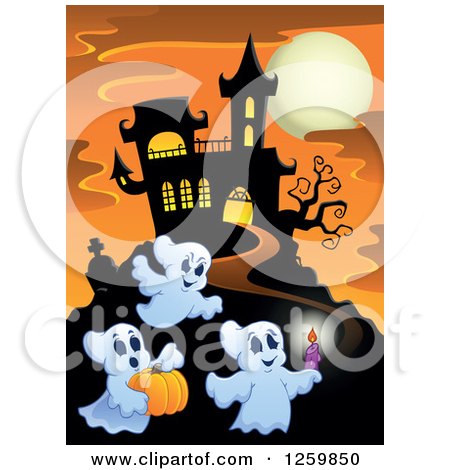 Clipart of a Haunted House on a Hill with Festive Halloween Ghosts Against a Full Moon at Sunset - Royalty Free Vector Illustration by visekart