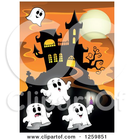 Clipart of a Haunted House on a Hill with Halloween Ghosts Against a Full Moon at Sunset - Royalty Free Vector Illustration by visekart