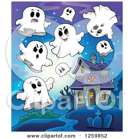 Clipart of a Haunted House with Ghosts Against a Full Moon - Royalty Free Vector Illustration by visekart