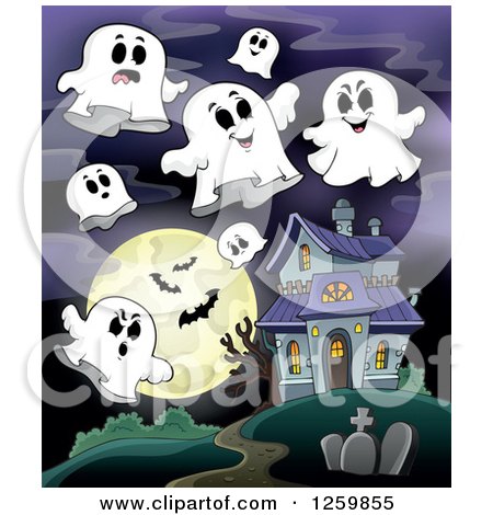 Clipart of a Haunted House with Ghosts Against a Full Moon with Vampire Bats - Royalty Free Vector Illustration by visekart