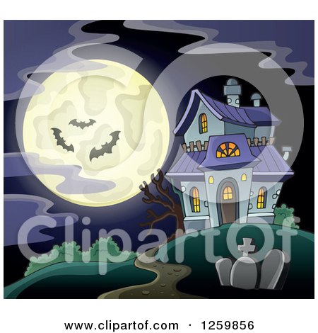 Clipart of a Full Moon and Haunted House with Bats on a Misty Night - Royalty Free Vector Illustration by visekart