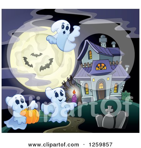 Clipart of a Haunted House with Festive Halloween Ghosts Against a Full Moon - Royalty Free Vector Illustration by visekart