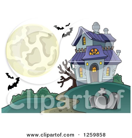 Clipart of a Full Moon and Haunted House with Bats - Royalty Free Vector Illustration by visekart