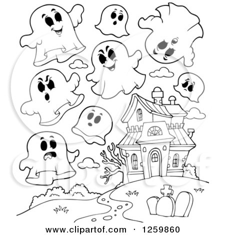 Clipart of Black and White Halloween Ghosts Flying Around a Haunted House - Royalty Free Vector Illustration by visekart