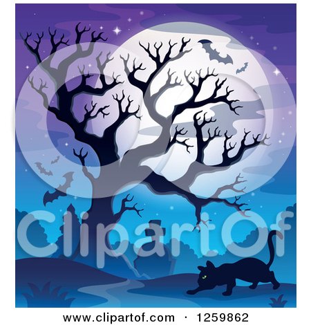Clipart of a Silhouetted Bare Tree with Flying Bats a Cat and Full Moon over a Cemetery - Royalty Free Vector Illustration by visekart