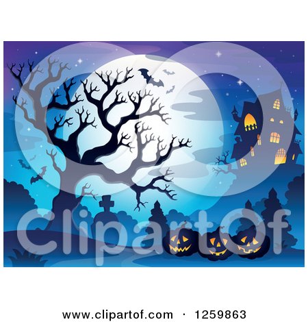 Clipart of a Full Moon and Haunted House with Jackolanterns a Bare Tree and Bats - Royalty Free Vector Illustration by visekart
