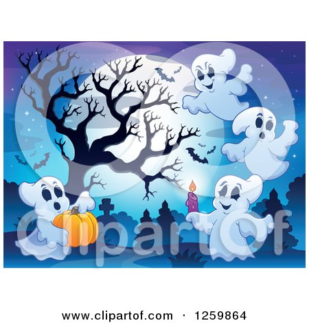Clipart of a Full Moon Bare Tree and Festive Halloween Ghosts in a Cemetery - Royalty Free Vector Illustration by visekart