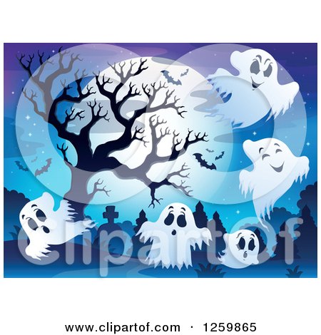 Clipart of a Full Moon Bare Tree and Ghosts in a Cemetery - Royalty Free Vector Illustration by visekart