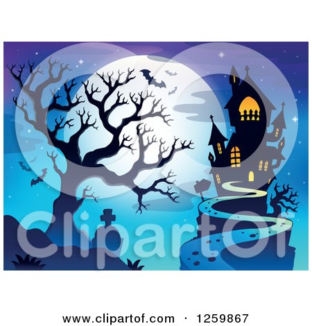 Clipart of a Full Moon Bare Tree with Graves and Haunted House with Bats - Royalty Free Vector Illustration by visekart
