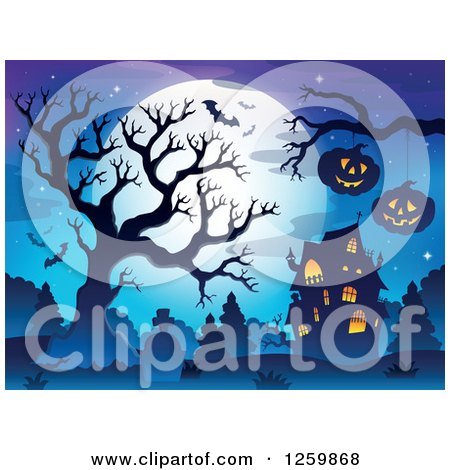 Clipart of a Full Moon Bare Tree and Jackolanterns over Graves near a Haunted House - Royalty Free Vector Illustration by visekart