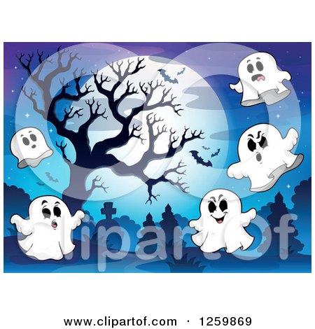 Clipart of a Full Moon Bare Tree and Flying Ghosts in a Cemetery - Royalty Free Vector Illustration by visekart
