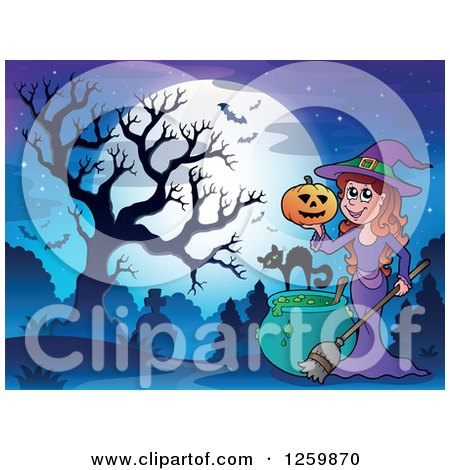 Clipart of a Halloween Witch Girl Holding a Jackolantern over a Cauldron in a Cemetery - Royalty Free Vector Illustration by visekart