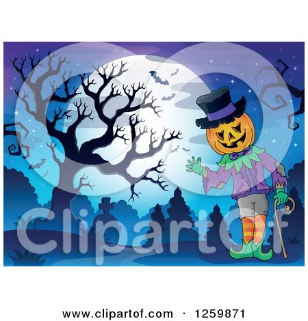 Clipart of a Jack Pumpkin Character Waving in a Cemetery Against a Full Moon - Royalty Free Vector Illustration by visekart