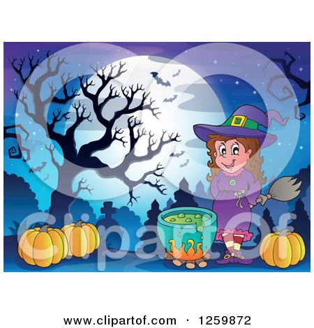 Clipart of a Halloween Witch by a Auldron in a Cemetery - Royalty Free Vector Illustration by visekart
