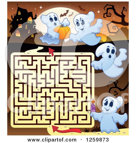Clipart of a Haunted House Halloween Maze with Ghosts Against a Full Moon - Royalty Free Vector Illustration by visekart