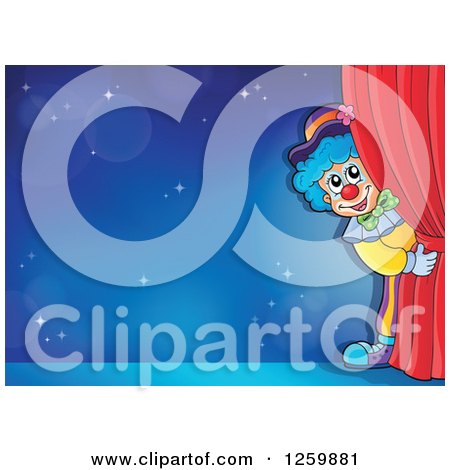 Clipart of a Circus Clown Peeking Around Red Drapes Framing a Blue Stage - Royalty Free Vector Illustration by visekart