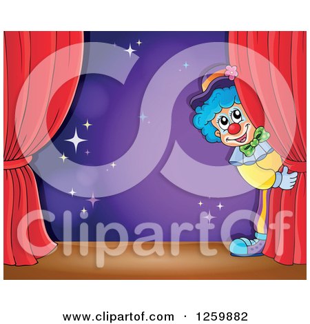 Clipart of a Circus Clown Peeking Around Red Drapes Framing a Purple Stage - Royalty Free Vector Illustration by visekart