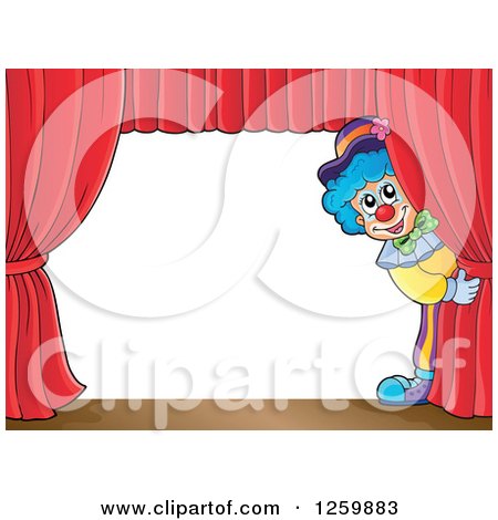 Clipart of a Circus Clown Peeking Around Red Drapes Framing a Stage - Royalty Free Vector Illustration by visekart
