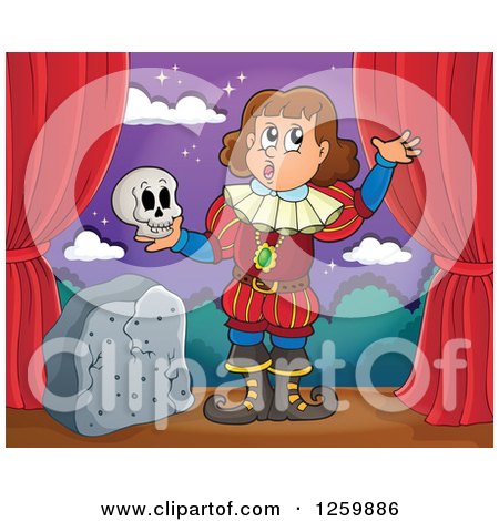 Clipart of a Young Actor Holding a Skull on Stage - Royalty Free Vector Illustration by visekart