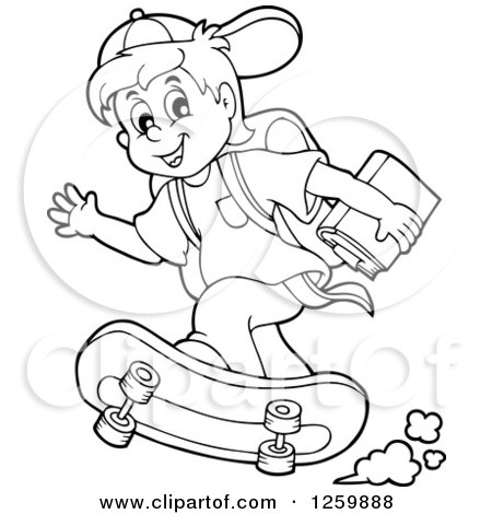 Clipart of a Black and White School Boy Riding a Skateboard - Royalty Free Vector Illustration by visekart