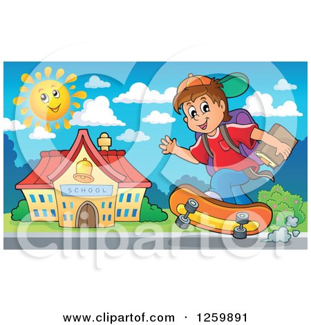Clipart of a Brunette White School Boy Riding a Skateboard - Royalty Free Vector Illustration by visekart