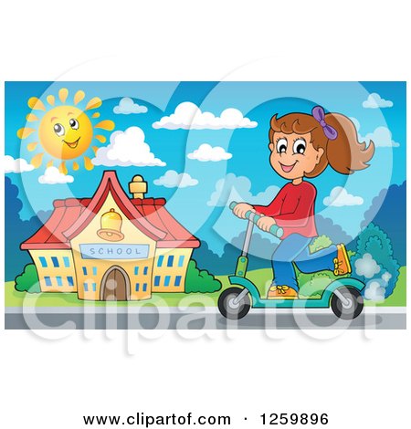 Clipart of a Brunette White School Girl Riding a Scooter - Royalty Free Vector Illustration by visekart