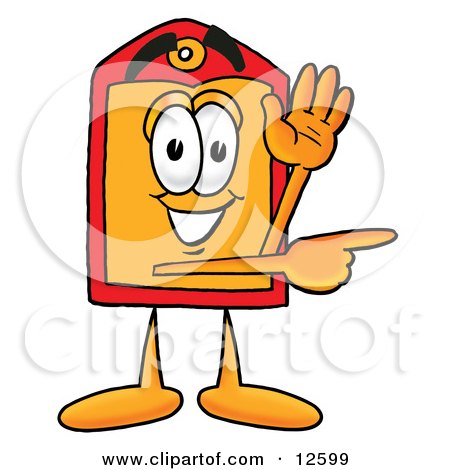 Clipart Picture of a Price Tag Mascot Cartoon Character Waving and Pointing by Mascot Junction