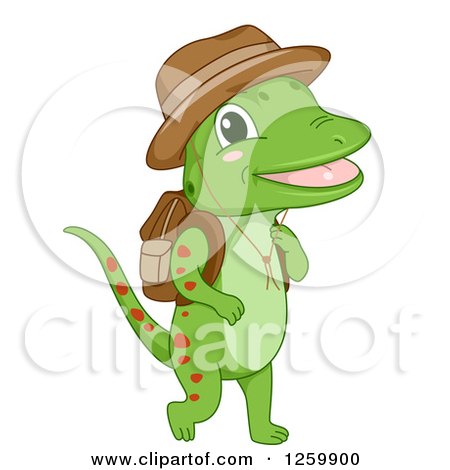 Clipart of a Cute Green Gecko Hiking - Royalty Free Vector Illustration by BNP Design Studio