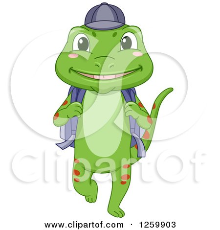 Clipart of a Cute Happy Green Gecko Walking to School - Royalty Free Vector Illustration by BNP Design Studio