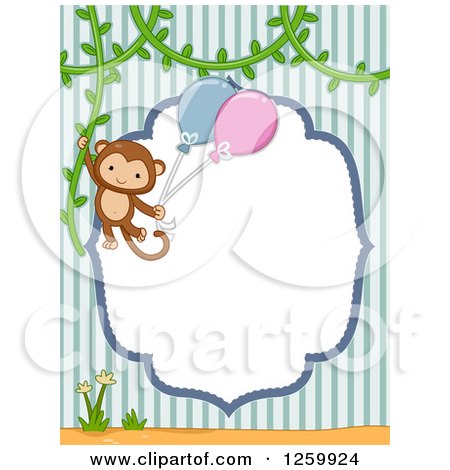 Clipart of a Cute Boy Monkey Swinging with Balloons from a Vine over a Frame and Stripes - Royalty Free Vector Illustration by BNP Design Studio