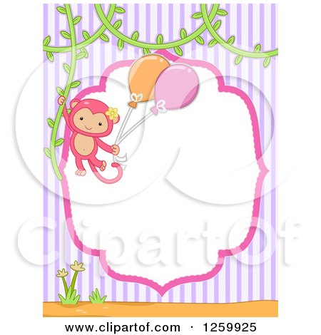 Clipart of a Cute Pink Girl Monkey Swinging with Balloons from a Vine over a Frame and Stripes - Royalty Free Vector Illustration by BNP Design Studio