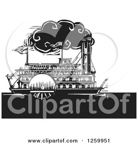 Clipart of a Black and White Woodcut Steamboat - Royalty Free Vector Illustration by xunantunich