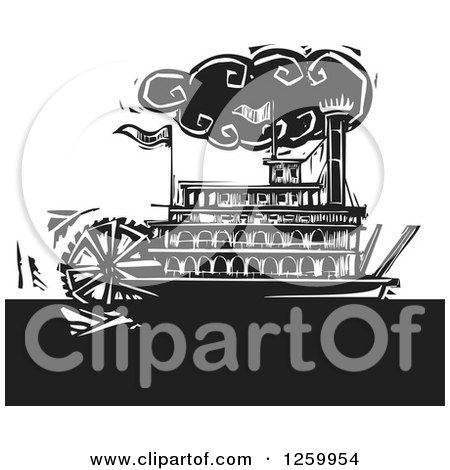 Clipart of a Black and White Woodcut Steamboat - Royalty Free Vector Illustration by xunantunich