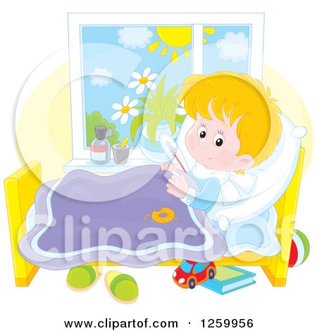 Clipart of a Sick Blond White Boy with a Thermometer Under His Arm in Bed - Royalty Free Vector Illustration by Alex Bannykh