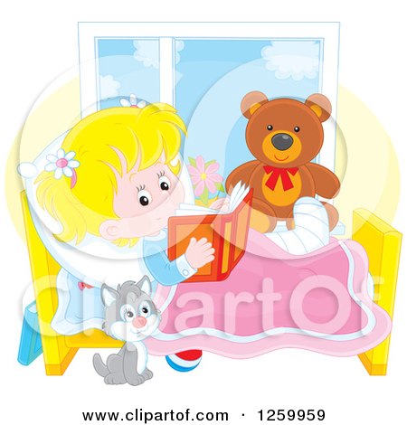 Clipart of a Cat by a Blond White Girl Reading in Bed While Recovering from an Injury - Royalty Free Vector Illustration by Alex Bannykh