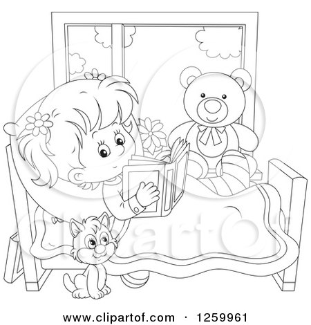 Clipart of a Black and White Cat by a Girl Reading in Bed While Recovering from an Injury - Royalty Free Vector Illustration by Alex Bannykh