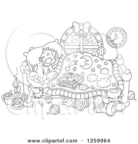 Clipart of Black and White Santa Sleeping in Bed - Royalty Free Vector Illustration by Alex Bannykh