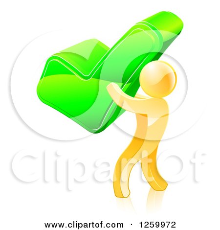 Clipart of a 3d Gold Man Carrying a Giant Green Check Mark - Royalty Free Vector Illustration by AtStockIllustration