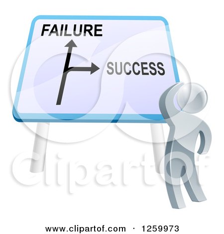 Clipart of a 3d Silver Man Looking up at a Failure or Success Directional Sign - Royalty Free Vector Illustration by AtStockIllustration