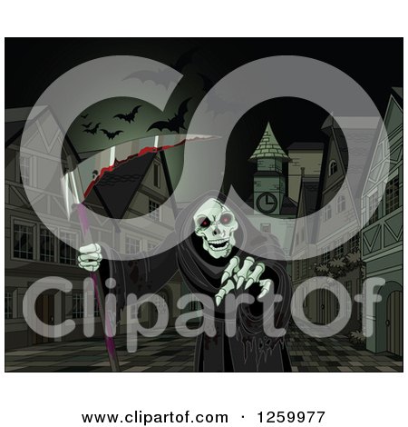 Clipart of a Grim Reaper Holding a Bloody Scythe and Reaching out in a Town Center - Royalty Free Vector Illustration by Pushkin