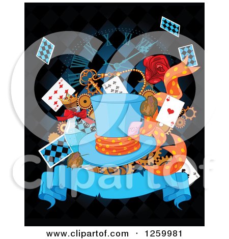 Clipart of a Hat over Playing Cards Gears Alice in Wonderland Potions a Clock and Banner on Black - Royalty Free Vector Illustration by Pushkin