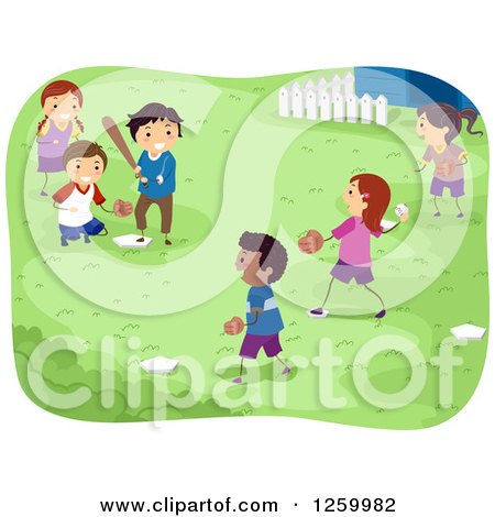 Clipart of Happy Children Playing Baseball in a Yard - Royalty Free Vector Illustration by BNP Design Studio