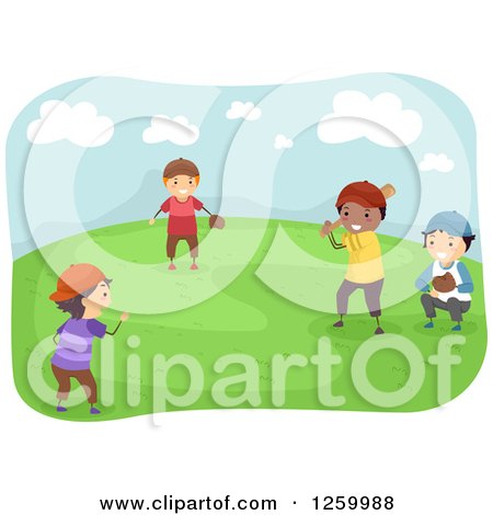Clipart of a Team of Happy Boys Playing Baseball in a Park - Royalty Free Vector Illustration by BNP Design Studio