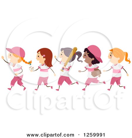 Clipart of Happy Softball Girls Running in Pink Baseball Uniforms - Royalty Free Vector Illustration by BNP Design Studio