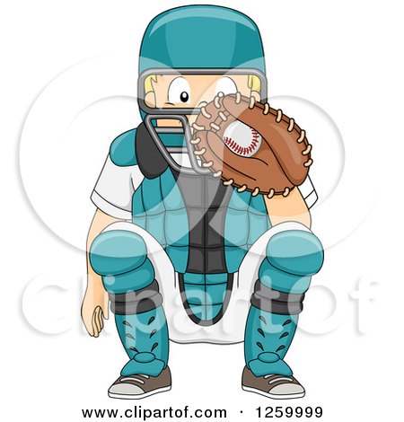 Clipart of a Caucasian Boy Baseball Catcher Crouching - Royalty Free Vector Illustration by BNP Design Studio