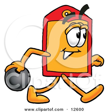 Clipart Picture of a Price Tag Mascot Cartoon Character Holding a Bowling Ball by Mascot Junction