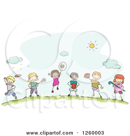 Clipart of Sketched Stick Kids with Sports Equipment - Royalty Free Vector Illustration by BNP Design Studio