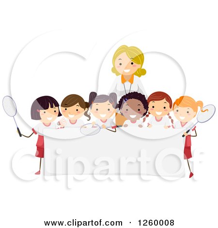 Clipart of Happy Tennis Girls and a Coach over a Sign - Royalty Free Vector Illustration by BNP Design Studio