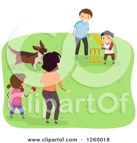 Clipart of a Dog and Happy Family Playing Cricket Outdoors - Royalty Free Vector Illustration by BNP Design Studio
